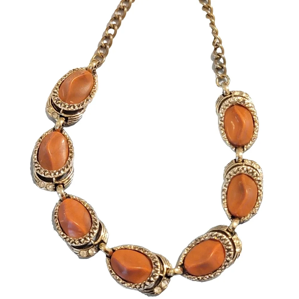 Vintage‎ Mid-Century Adjustable Necklace Rhinestones Rust Red 15